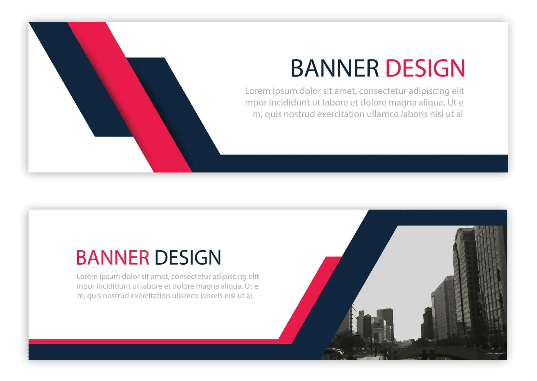 Graphic design template for a modern banner featuring geometric shapes in navy blue, red, and white with a cityscape background and placeholder text