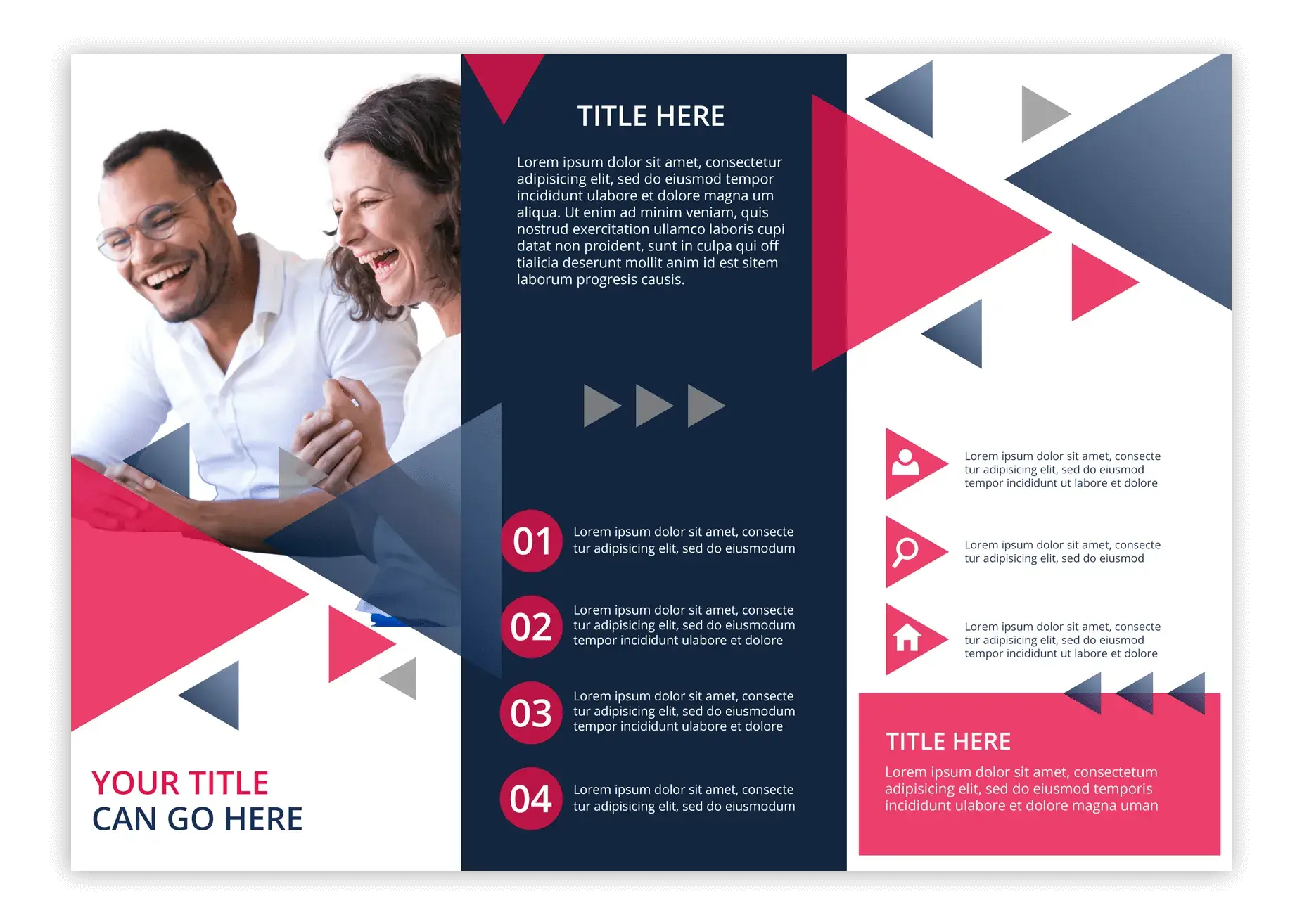 Modern brochure design template featuring a couple laughing and abstract geometric shapes in shades of red, blue, and gray, with placeholder text and bullet points