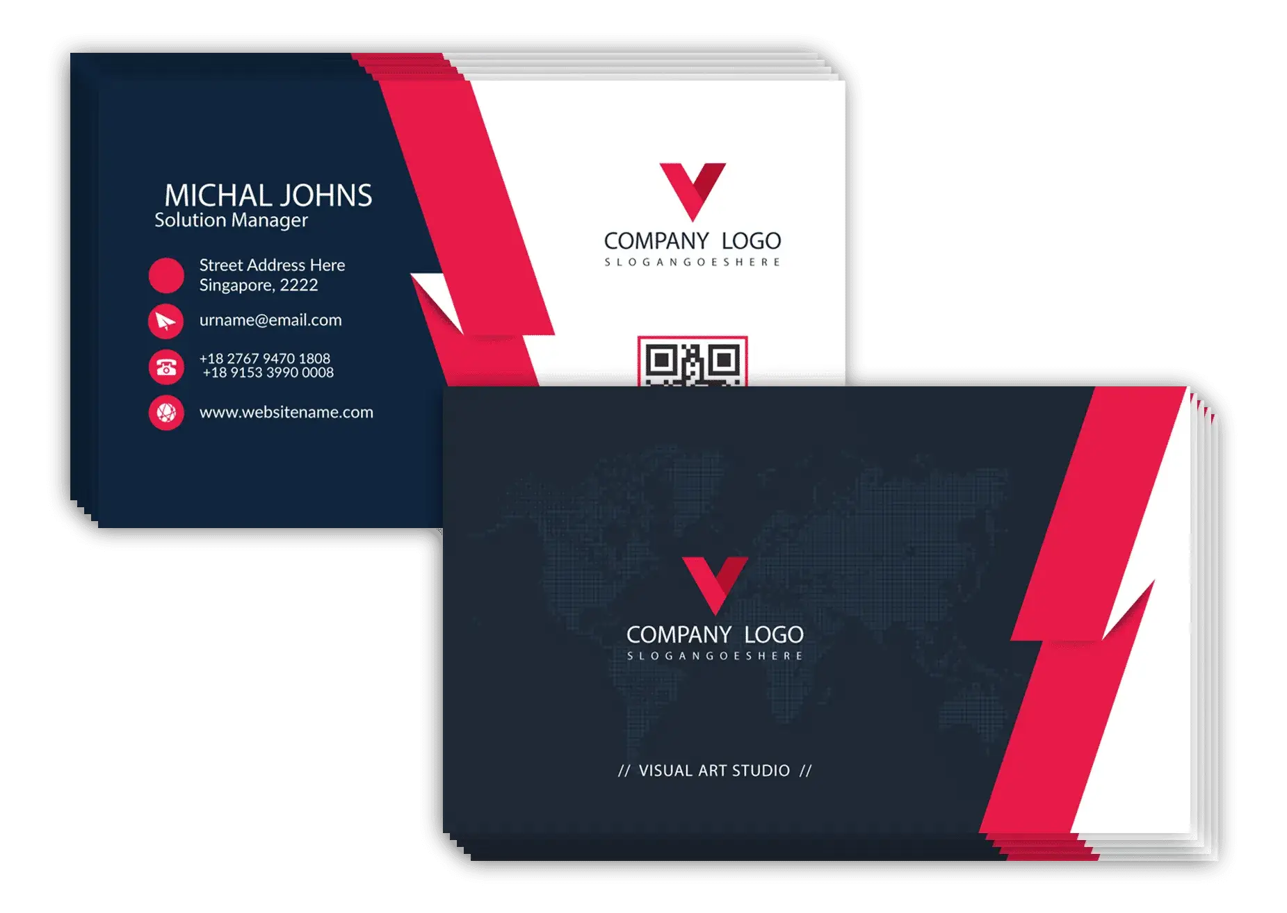 Stylish business card design featuring navy blue and white colors with bold red accents, displaying contact information and a QR code.