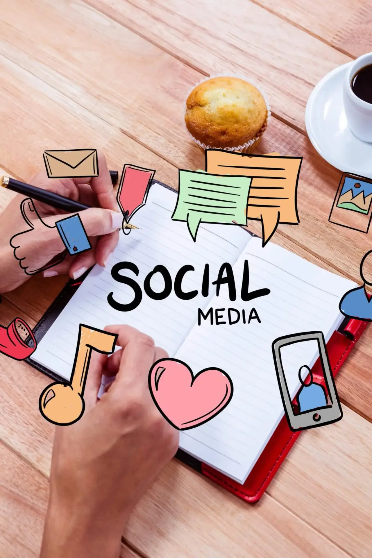 Person writing 'Social Media' in a notebook surrounded by colorful drawn icons like a heart, thumbs up, music note, and speech bubbles, representing Bnternet's social media strategy development